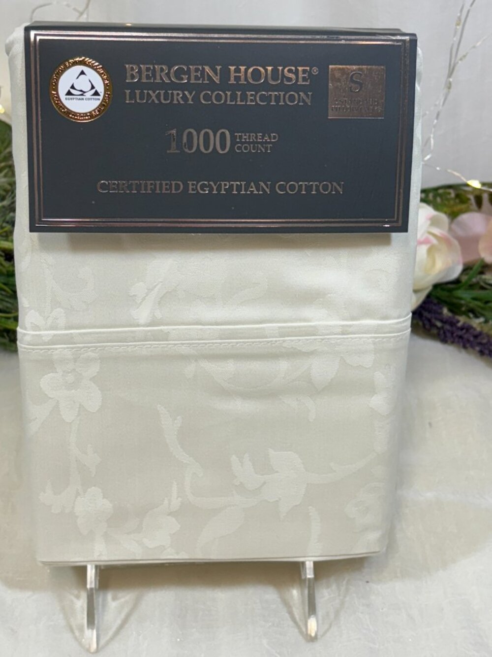 2 BERGEN HOUSE Ivory FLORAL 100% Egyptian Cotton 1000TC Standard Pillowcases